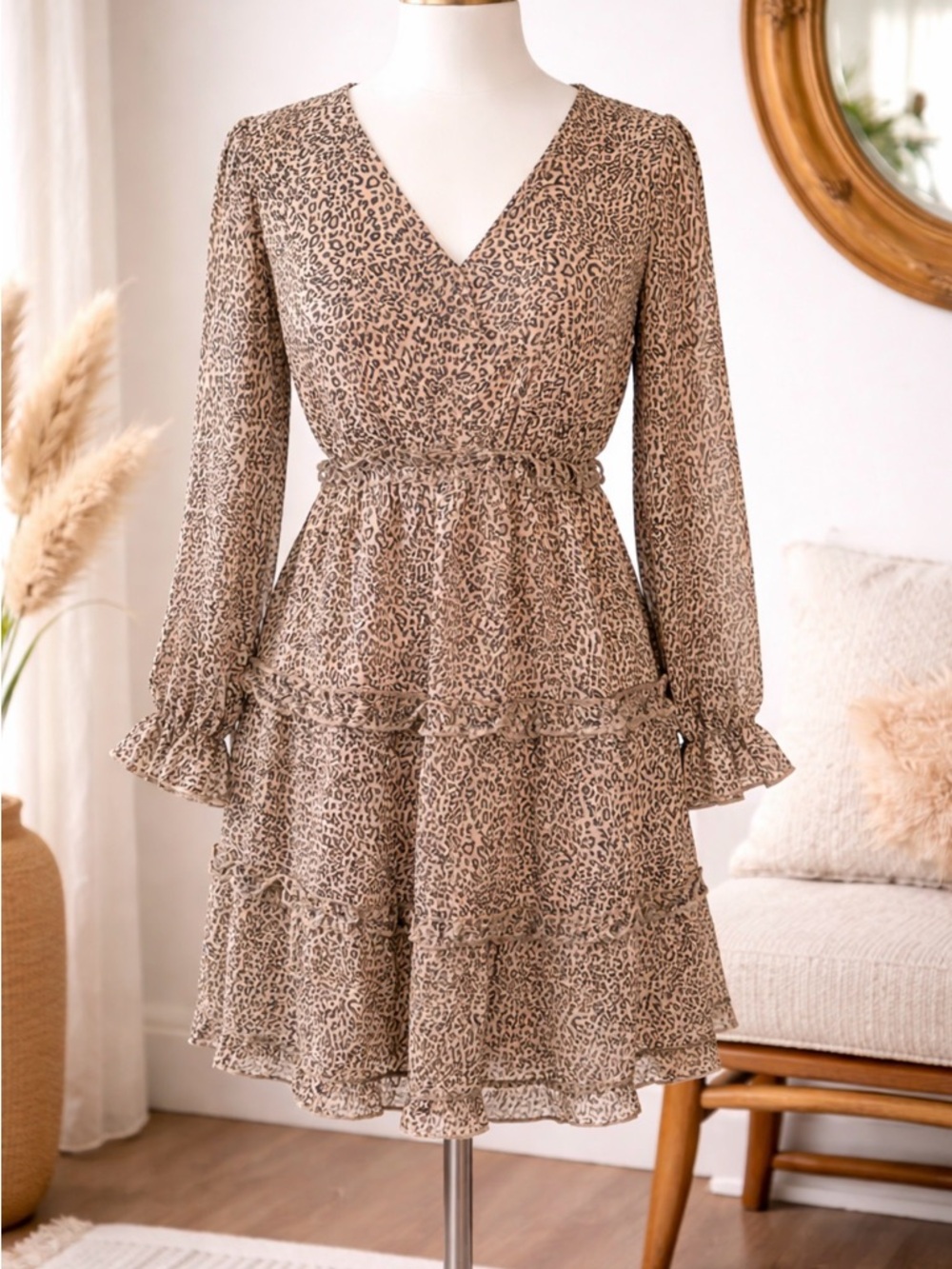 Leopard Print Ruffle Tiered V Neck Flouncy Dress NWOT Jodifl Semi Sheer Sz L